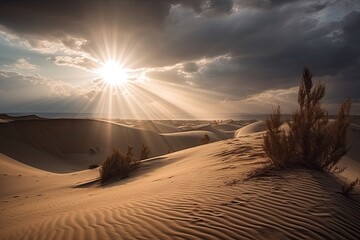 Wall Mural - majestic dunes with sunrays shining through the clouds, created with generative ai