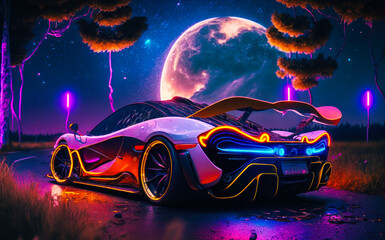 Canvas Print - Futuristic car with neon lights parked in front of full moon sky with full moon in the background. Generative AI.