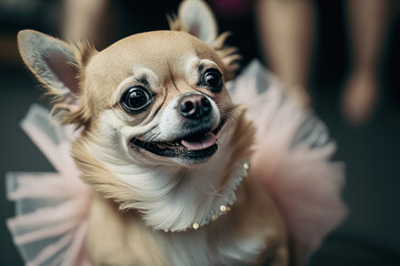 Wall Mural - Close up of small dog with dress around it's neck and smile on its face. Generative AI.