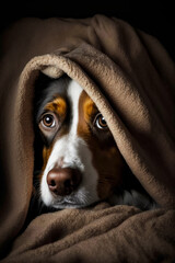 Wall Mural - Brown and white dog laying under blanket on top of bed. Generative AI.