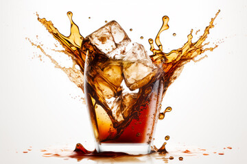 Canvas Print - Glass of cola with ice cubes splashing out of the top. Generative AI.