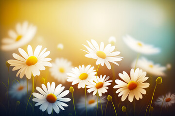 Poster - Bunch of white daisies in field with blue sky in the background. Generative AI.