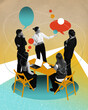 © master1305 - Team meeting, conference. Employees working together on new project, discussing current questions. Contemporary art collage. Concept of business, career development, startup. Creative design