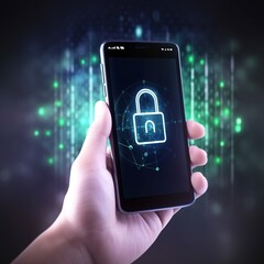 Poster - Hand use smartphone with cybersecurity is the concept of information security and encryption, secure access to personal information. generative ai