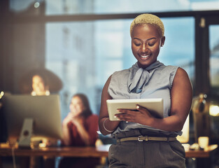 Poster - Business, tablet and happy with black woman in office for technology, corporate or communication. Social media, connection and internet with female and search online for networking, email and website