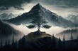 majestic tree surrounded by misty forest, with view of distant peak, created with generative ai