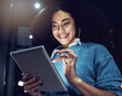 © Clement Coetzee/peopleimages.com - Business, smile and night with woman and tablet for technology, corporate and communication. Social media, connection and internet with female and search online for networking, email and website