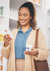 Poster - Pharmacy, search or happy woman reading medicine, pills or medication products in retail drugstore. Choice, decision or customer with a box of supplements or shopping in medical healthcare chemist