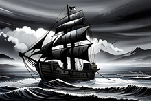 Black White Ink Painted Looking Pirate Ship In The Water. Pirate Ship In The Water, Ink Painted Looks, Black White Image. Created Using Generative AI.
