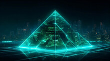 City Under The Starry. Abstract Blue Green Neon Background. Holographic Triangular Pyramid Glowing In The Dark, Levitating Above The Street. Generative AI.