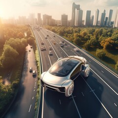 Poster - cars on highway, A futuristic concept vehicle. A self-driving autonomous automobile travels on a metropolitan highway. generative ai