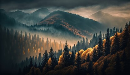 Wall Mural - Moody nature autumn foggy mountains Generative AI