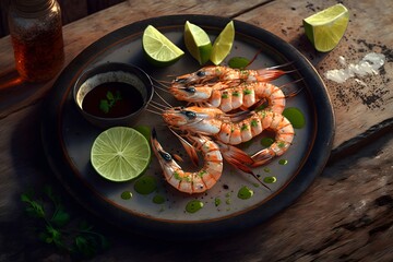 Wall Mural - Grilled shrimps or prawns served with lime - Generative AI