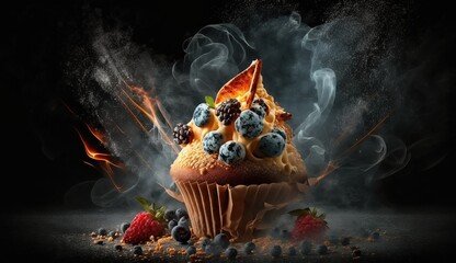 Canvas Print - Muffin with currants on a dark background. Generative AI