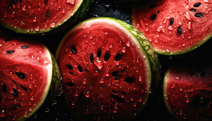 Canvas Print - Close up of clean cut watermelon with water drop in dark black background. Fresh fruit and Vegetable concept. Nutrition and vitamin theme. Generative AI