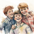 © Stock'd  - 3 young boys in watercolor with arms around each other isolated on white, made with generative ai