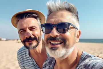 happy selfie of two cool guys at the beach on a sunny day, made with generative ai