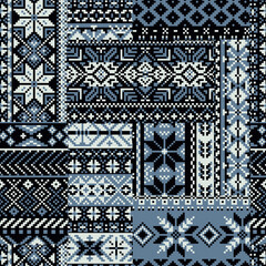 Naklejka na meble Nordic traditional knitted snowflakes jacquard patchwork abstract winter textile vector seamless pattern