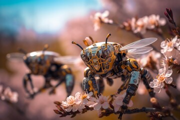 A Vibrant Garden of Pollination: Robot Bees and Flowers in Harmony, Bee Robots safe our ecosystem