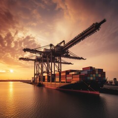 crane loading cargo container to container ship in the international terminal logistic sea port concept freight shipping by ship at sunset. generative ai