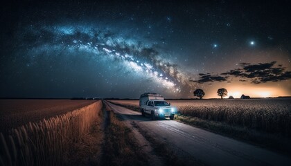Wall Mural - Grainy long-exposure shot of a rural nightscape with an automobile, the Milky Way, and a grainy silhouetted silhouette of Generative AI