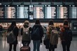 People traveling at the airport looking at the departure board, generative ai