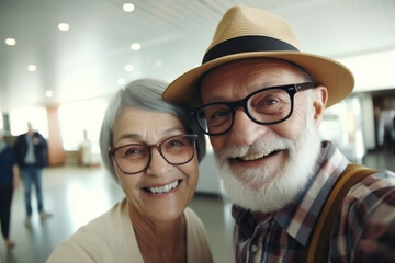  Couple of old people travelers tourists make selfie. Created with generative Ai technology.