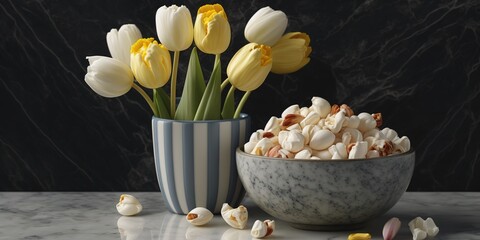 Wall Mural - Two tulips perched on a marble tabletop next to a little dish of popcorn. Generative AI
