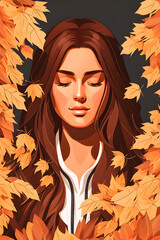 Sticker - Portrait of a woman on autumn leaves background, cartoon style. Generative AI