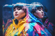© ADDICTIVE STOCK - Generative AI illustration of calm Asian plus size women in colorful clothes and hood standing back to each other behind glass wall