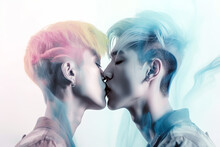 Generative AI Illustration Of Eccentric Young Asian Homosexual Couple With Dyed Hair Kissing Gently With Closed Eyes Against White Background With Blue Smoke