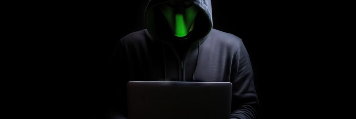 Hacker without face in a hood holds a laptop. on a dark background. Banner for cyber security.  Internet web hack technology. Digital laptop in hacker man hand isolated on black. Generate AI.