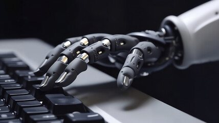 the robot's hand works on the computer keyboard