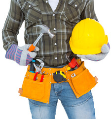 Wall Mural - Manual worker wearing tool belt while holding hammer and helmet