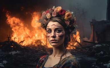  War in Ukraine. Ukrainian woman against fire background. AI generated