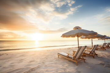 Wall Mural - Beautiful beach with white sand, chairs and umbrella, beautiful beach landscape