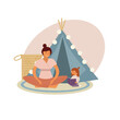 © Maria Gerasimova - Mother listen to her child reads. Mom sitting on the floor near kids tent spend time with her daughter. Flat vector illustration