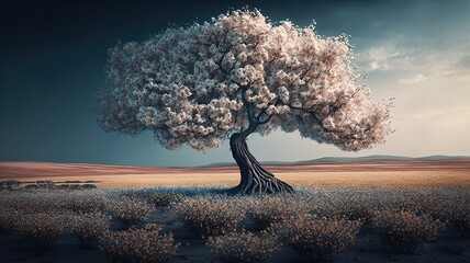Wall Mural - Field with lone flowering tree Generative AI
