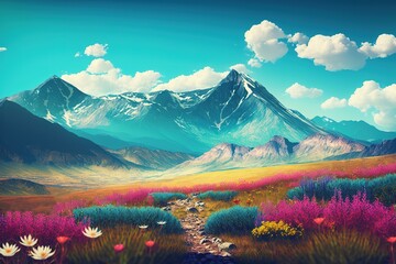 Wall Mural - Mountains, a meadow, and clear sky serve as a natural backdrop. Generative AI