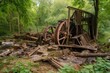 ruined mill with broken machinery and fallen timbers lying in disarray, created with generative ai