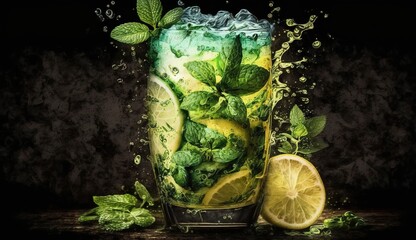 Wall Mural - Lemon lime green mojito with mint leaves. Generative AI