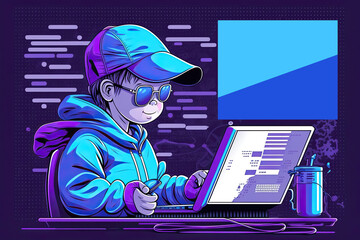 Small kid Hacker Programmer on a computer for, children coding class Banner, Poster, Generative AI