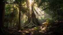 Old Beautiful Forest With Sunlight Filtering Through The Dense Vegetation, Generative Ai