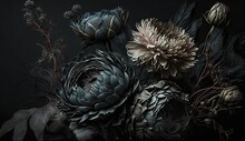 Generative AI, Close Up Of Blooming Flowerbeds Of Amazing Black Flowers On Dark Gothic Moody Floral Textured Background. Photorealistic Effect.	
