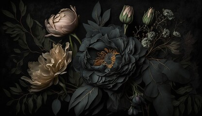 Canvas Print - Generative AI, Close up of blooming flowerbeds of amazing black flowers on dark gothic moody floral textured background. Photorealistic effect.	
