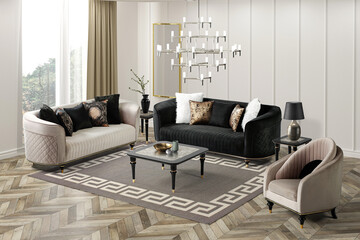 Wall Mural - 3D rendering classic living room interior. furniture set 