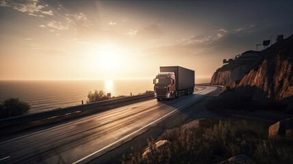 An Epic Mission: A Heavy Semi-Trailer Truck Carrying Sea Shipping Containers Along the Highway at Sunrise: Generative AI