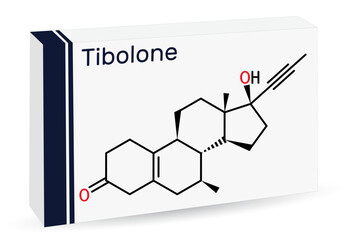 Poster - Tibolone molecule. It is anabolic steroid hormone drug, synthetic estrogen, used for treatment of symptoms of menopause, osteoporosis. Skeletal chemical formula. Paper packaging for drugs.