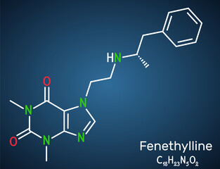 Wall Mural - Fenethylline, phenethylline, amfetyline, fenetylline molecule. It is psychostimulant, narcotic, codrug of amphetamine and theophylline. Dark blue background