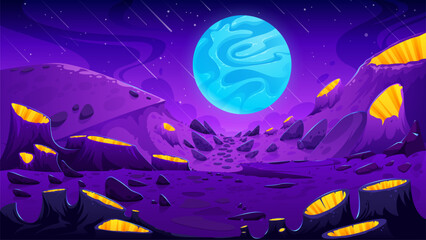 Hand -drawn vector illustration of the natural landscape of the planet with craters and pointed stones.